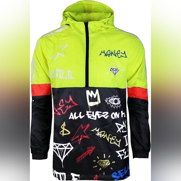 New Men's Graffiti Lightweight Urban Windbreaker Hoodie Multiple Sizes - Picture 4 of 6